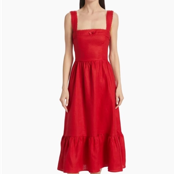 NWT Reformation Rowen Linen Lace Trim Sleeveless A Line Midi Dress Cherry Red - Picture 1 of 11